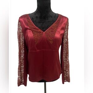EUC Lafayette 148 Burgundy Silk Lace Sleeve Women's Top- size 6
